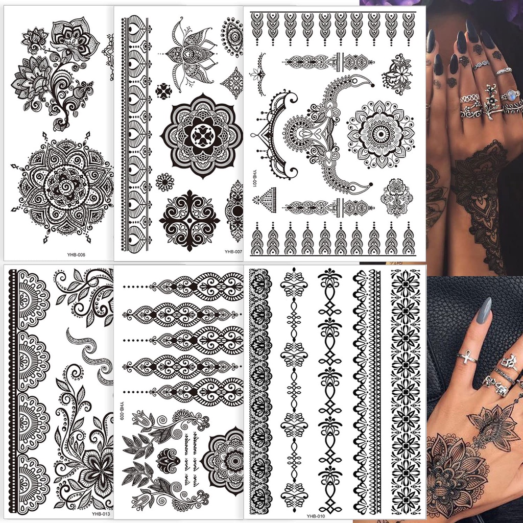 Henna Tatuagem Temporária Adesivo De Arte Preta Renda Mehndi Corpo Transferência Adequada Para