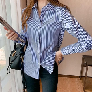 Blusa Mulher Vertical Listrada Manga Longa Azul Botão Trabalho Baixo Camisa Social Feminina Elegante