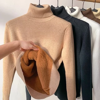 Blusa de malha de gola alta para mulheres no outono e inverno de 2022 novo modelo de lã mais espessa e interior preto de mangas compridas, suéter de fundo feminino