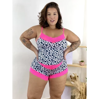 Baby Doll Microfibra Plus Size Vaquinha C/ Renda Neon