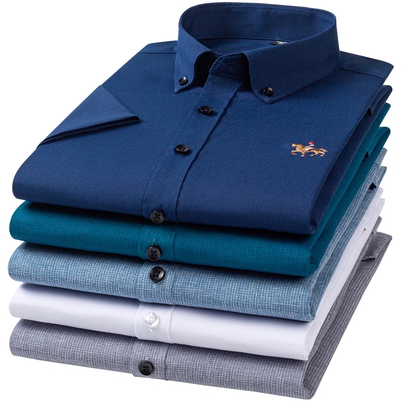 Casual Não Ferro Manga Curta Linho Algodão Bordado Slim Fit Social Camisa Masculina