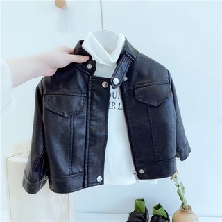 Casaco de couro para meninos e meninos, jaqueta casual de motocicleta, moda fofa com zíper