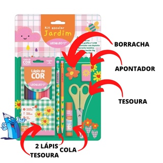 Kit Escolar Lapis De Cor Apontador Régua Compasso Tesoura