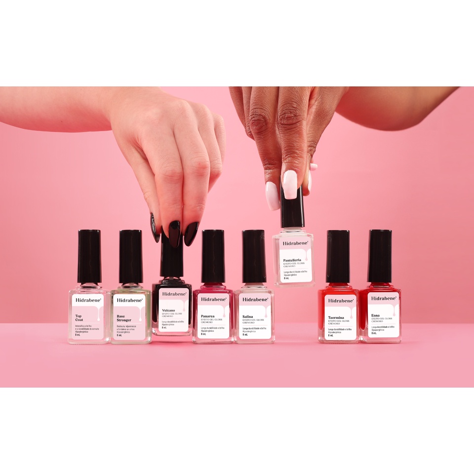 Kit 8 Esmaltes Hidrabene Cremoso Efeito Gel Gloss Top Coat e Base