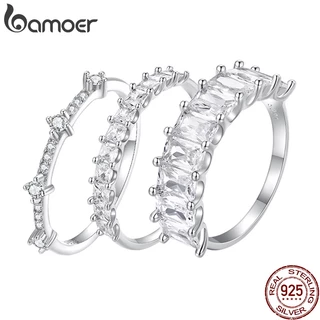 Bamoer 925 Prata Zircônia Brilhante Anel 3 Tipos Disponível Luxo Joalheria Para Casais Femininos Presente BSR408