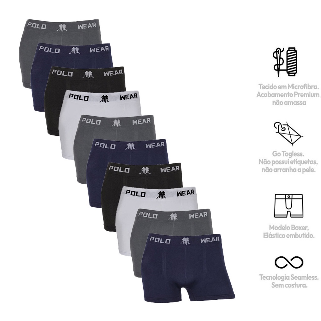 Kit C/ 10 Cuecas Boxer Polo Wear Lisa Microfibra
