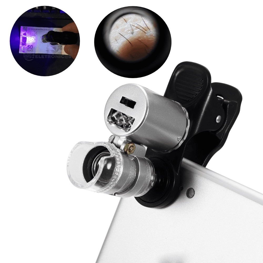 Microscópio Lupa Clip Para Celular Smartphone Lente Zoom 60x Com 2 Led Branco E 1 Uv 9882W