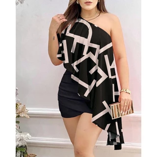 vestido feminino Elegante Festa 2023 Verão Skewer Collar One Offer Shoulder Mini Casual Waist