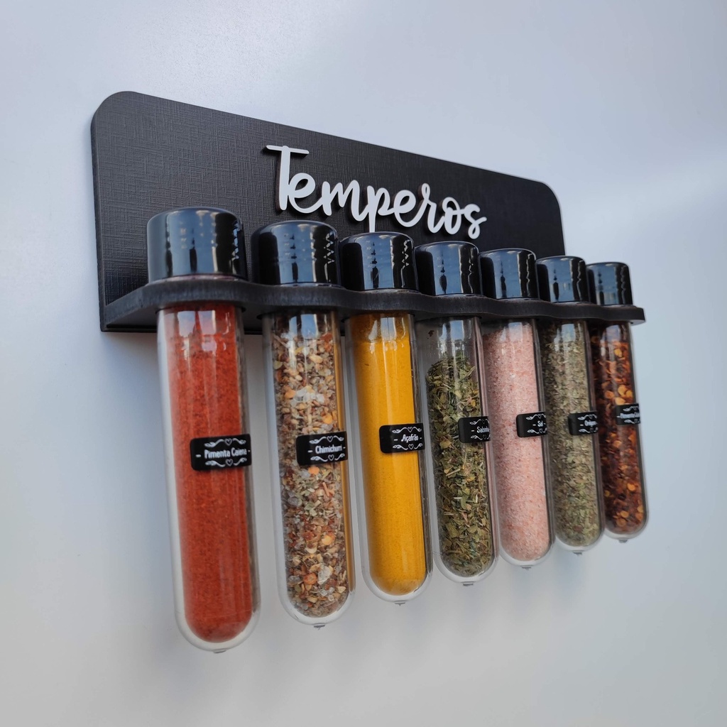 Porta temperos de parede 7 tubos Modelo Elegante - Decoração e organização da cozinha - Em MDF