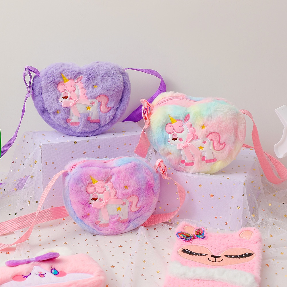 Bolsa De Coração Para Crianças Fofo Unicórnio Garotas Fofa Transversal Arco-Íris Pelúcia Carteira De Moedas