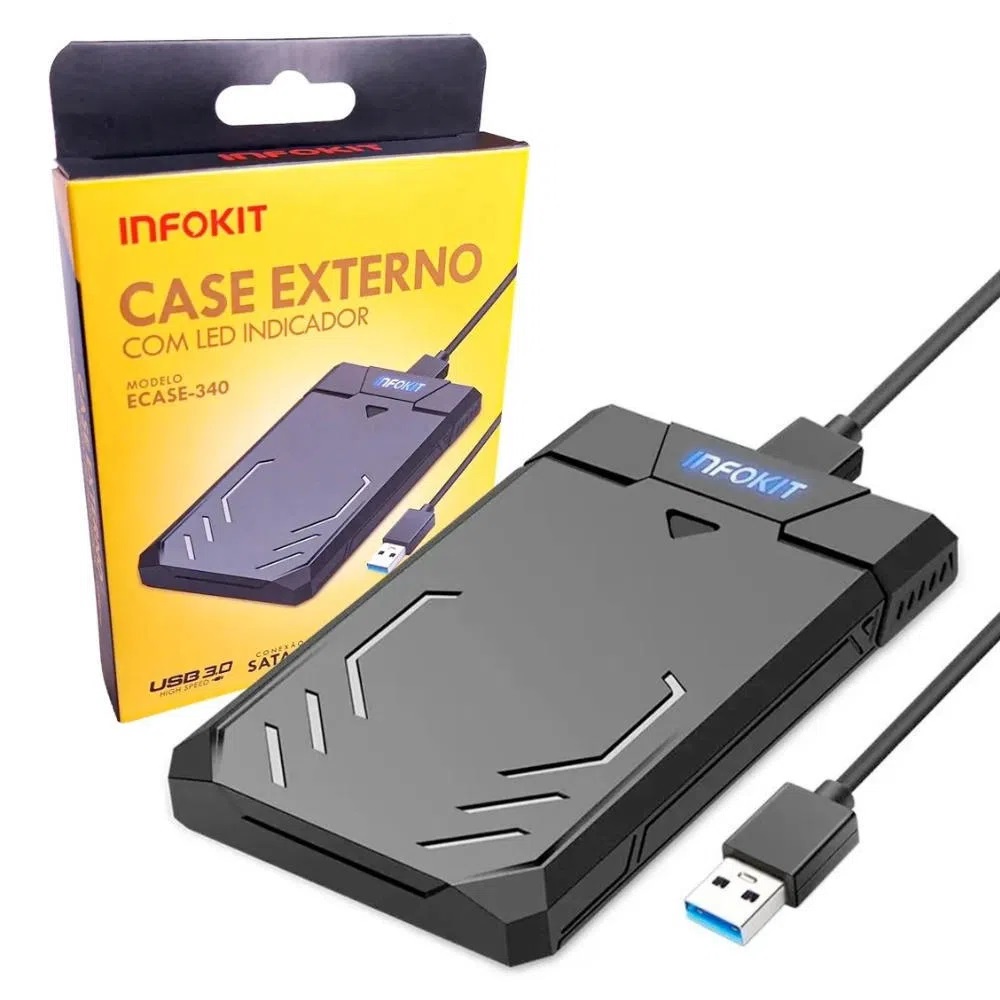 Case para HD Externo de Gaveta Gamer Led Notebook Sata Usb 3.0 Infokit ECASE-340