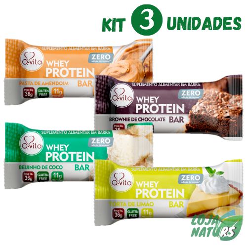 KIT 3 Unidades de Barra Whey Protein Zero Açúcar Sem Glúten 36g – Q-Vita