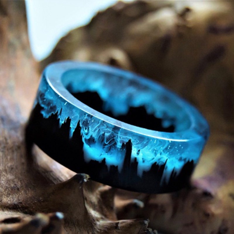2023 Novo Anéis De Resina Azul Para Mulheres Homens Anel De Madeira Paisagem Epóxi Cenário Natural Masculino Dedo Feminino Jóias Punk