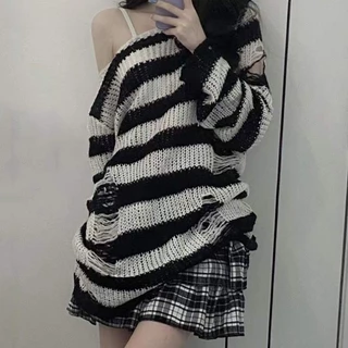 Karrcat Punk Gótico Suéter Longo Feminino Estético Escuro Listrado Pulôveres Ocos Tamanho Grande Grunge Pulovers Emo Alt Roupas Y2k
