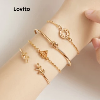 Lovito 4 Unidades Casual Strass Leaf Diamond Twist Minimalista Link Pulseiras Banglesf Para Mulheres L46AD013 (Ouro)