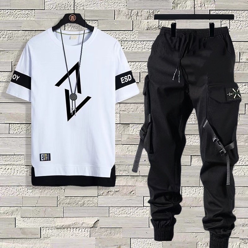 Hip Hop Style Men's Cargo Pants Joggers + Men ‘ S Set with Casual T-shirt Short Sleeve