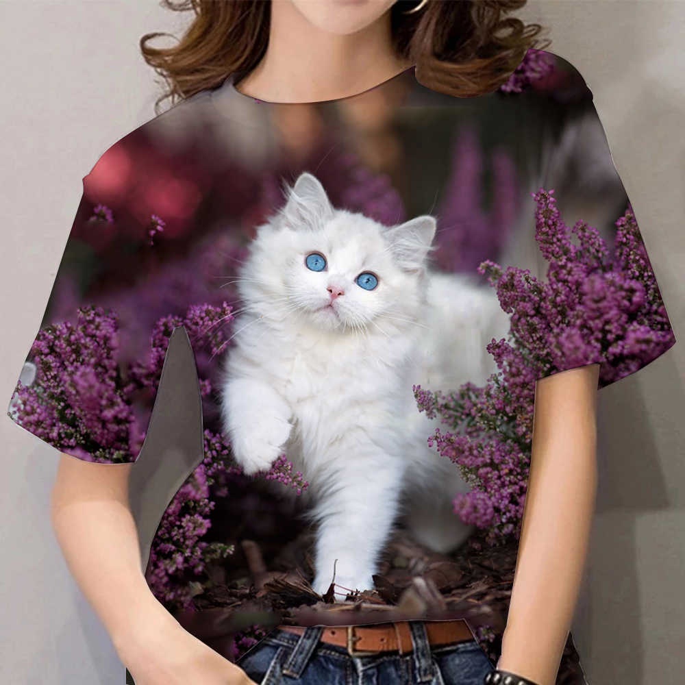 Compra online de Camiseta feminina com estampa de gatos 3d, moda