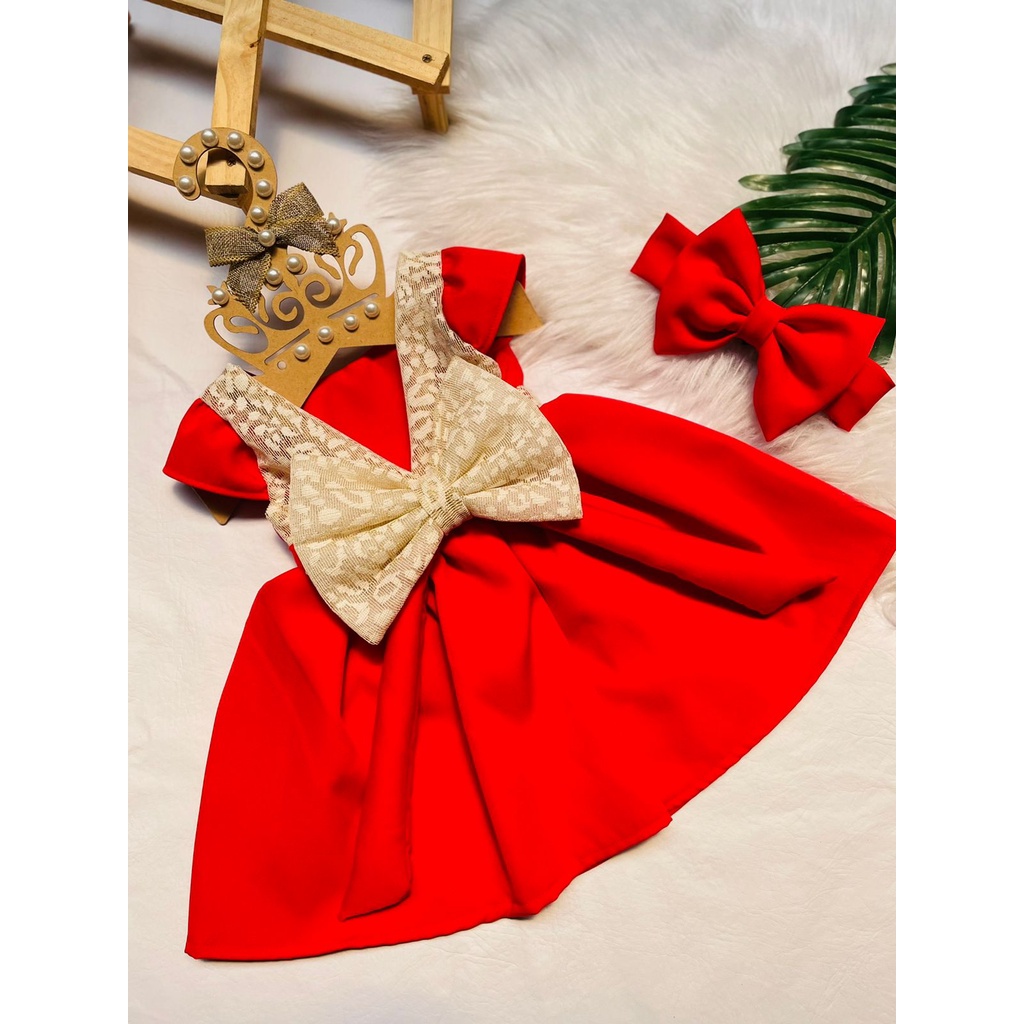 Kit Vestido Princesa Laço Vermelho Natal Juvenil Infantil Bebê