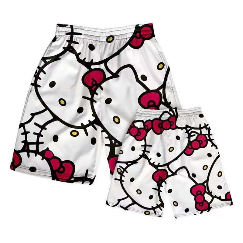 Calções Hello Kitty para homens, mulheres, verão, jogos largos, tudo casual, praia, cinco pontos, calças KIV0