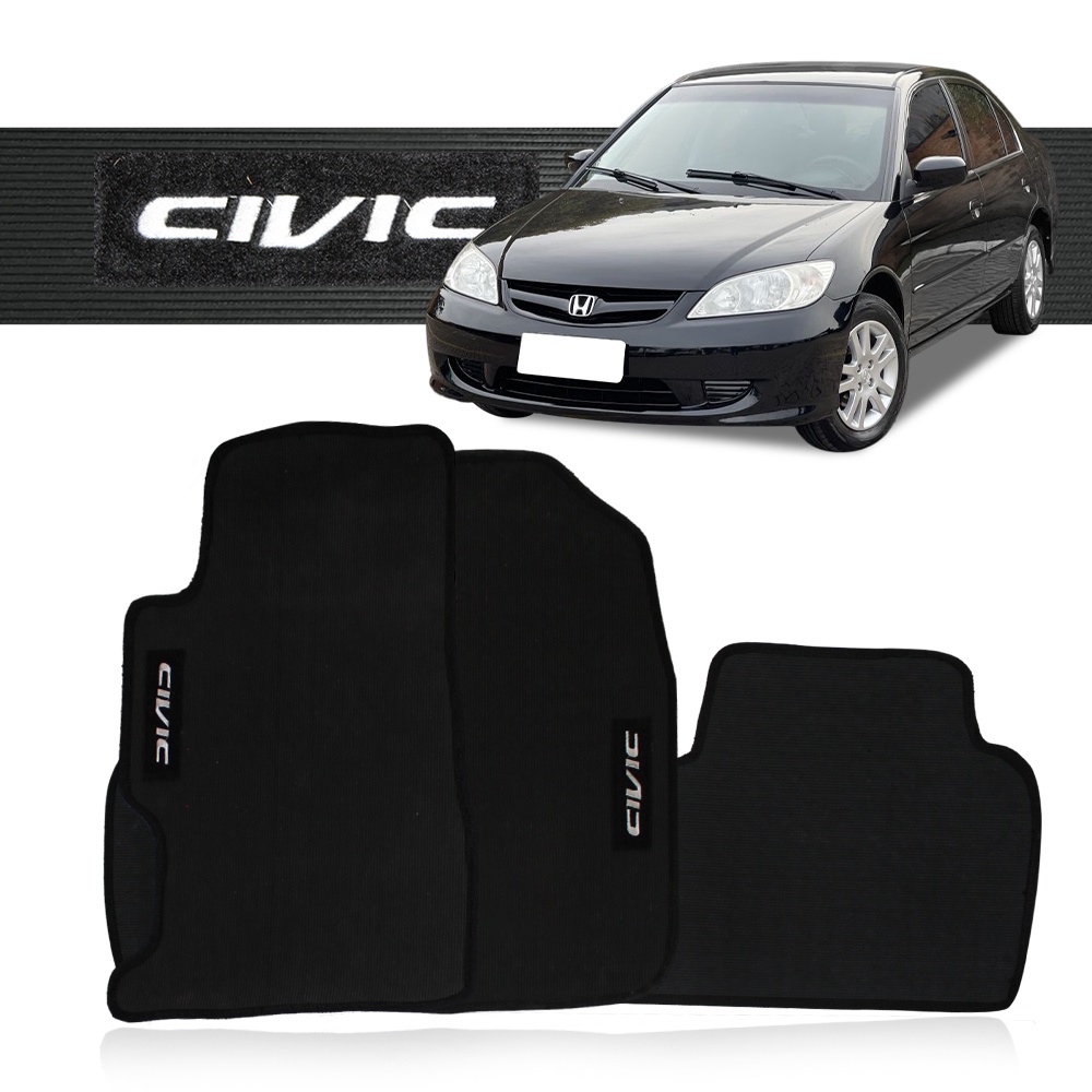 Tapete Honda Civic 2001 a 2006 Borracha Pvc Automotivo Traseira Inteiriça Logo Bordado Preto 3 Peças