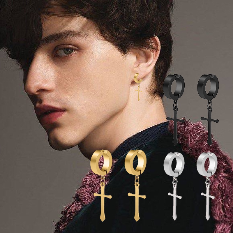 2Pcs Moda Clip De Aço Inoxidável Em Brincos Não Perfurantes Para Mulheres Homens Ouro Preto Cor Cruz Gótico Punk Rock Drop Pendiente