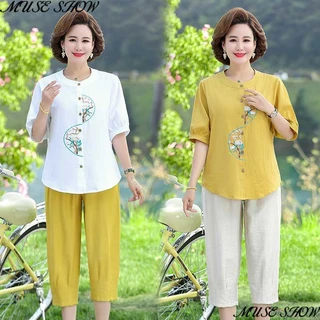 Mãe de meia-idade vestido de verão, algodão, linho, mangas curtas, roupas femininas de meia-idade e idosas, temperamento de tamanho grande, camiseta fina, 2023, terno de moda, temperamento, temperamento, vestido de mãe magro STP3