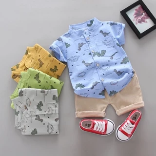 Roupas Fofas De Bebê Para Menino 0-4Y Conjunto De Verão Novo Dinossauro Cartoon Impressão Camisa De Manga Curta + Calças Roupa De Criança Toddler