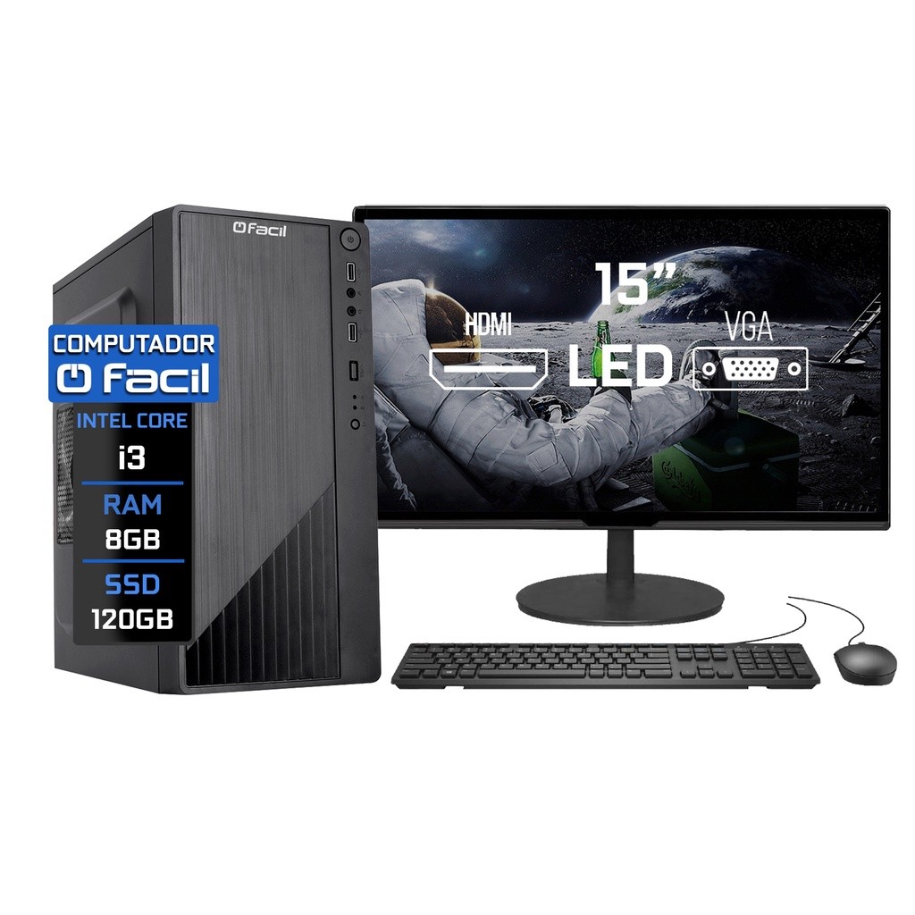 Computador Completo Fácil Intel Core i3 8GB SSD 120GB Monitor 15" HDMI LED Teclado e Mouse