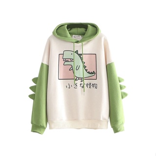 Moletom com capuz de desenho de grandes dimensões para mulheres, moletom de estampa casual estilo coreano, moletom grosso, outono inverno, dino, moletom