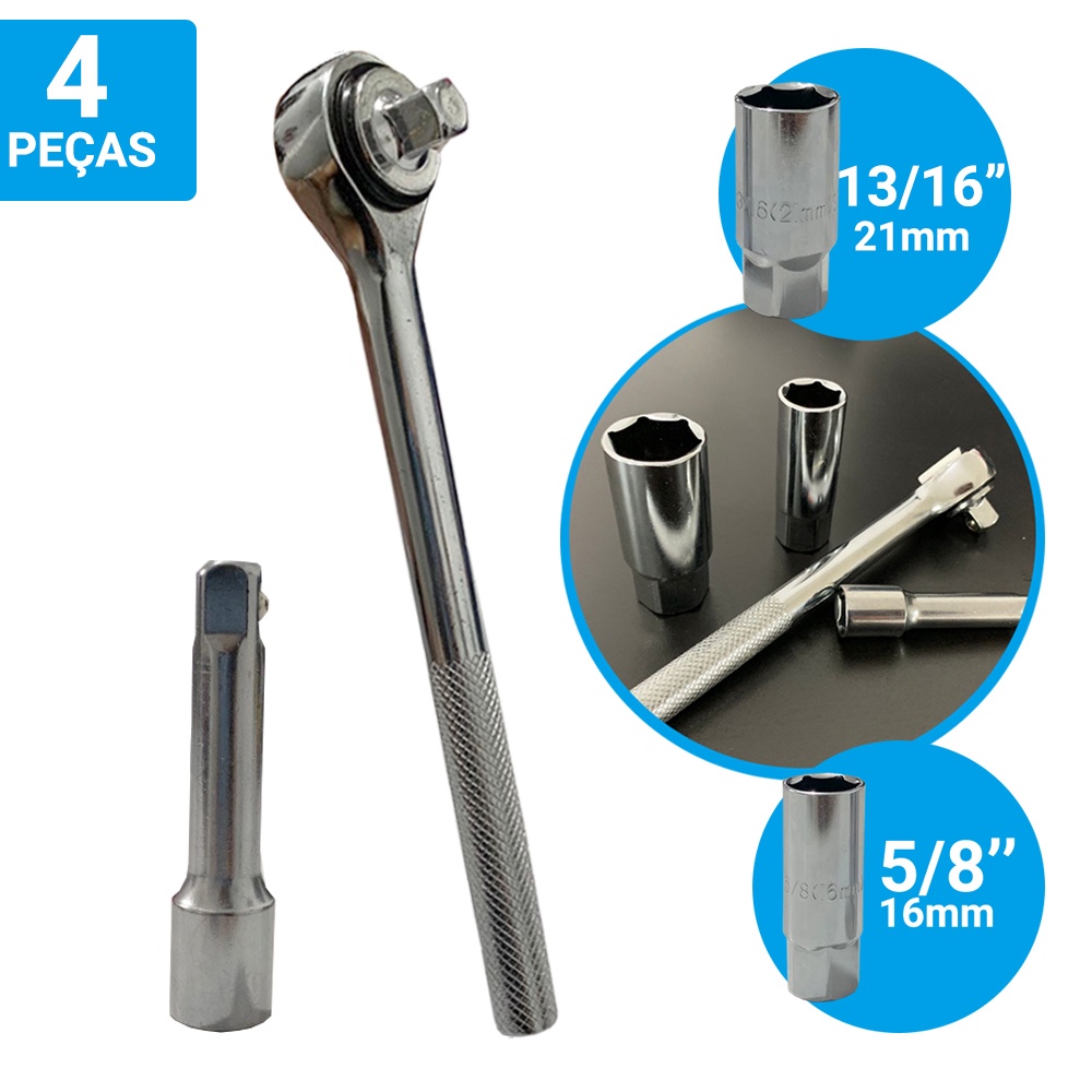 Jogo Kit de Chave De Vela Catraca Soquete 16 mm E Extensor Com 4 Peças Aperto e Desaperto