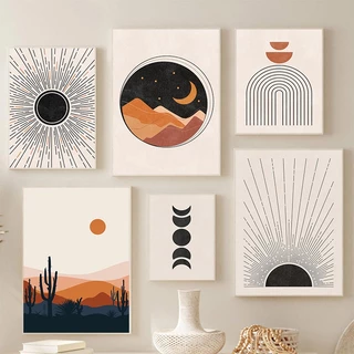 Pintura Boho Abstrata Planta De Sol Face Lunar Arte Laranja Pôsteres E Impressões Telas De Parede Nórdica Fotos Para Decoração De Salas