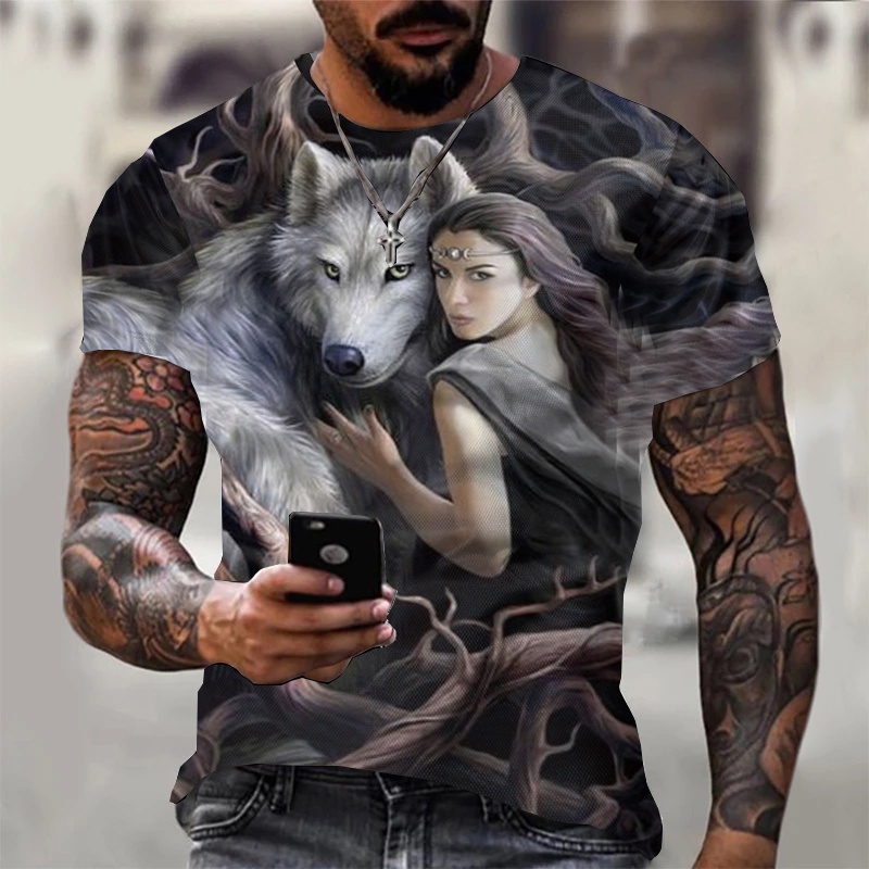T-Shirt 3D Impressão Beleza E A Camisa Lobo Summer Casual Short Sleeve Fashion Streetwear Tamanho : XxS-5XL