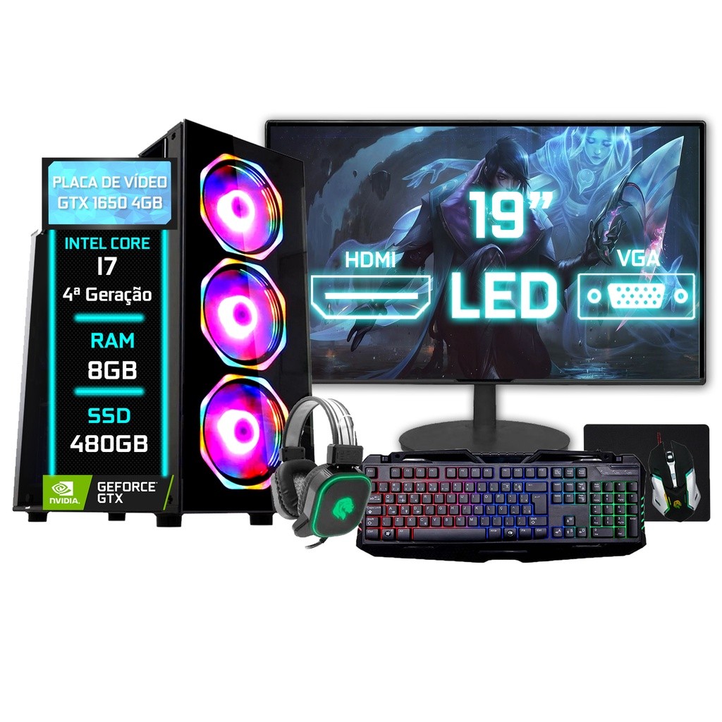 PC Gamer Fácil Completo Intel Core i7 (4ª Geração) 8GB SSD 480GB GTX 1650 4GB Monitor 19" - Teclado Mouse Headset