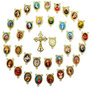 30 Crucifixos + 30 Entremeios Resinados Uma Face Para Terço Dourado Alta Qualidade