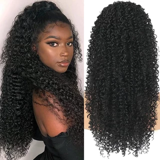 Rabo de Cavalo Longo Cacheado Profundo Resistente ao Calor Sintético Clipe Instantâneo Extensão de Rabo de Cavalo Protetor Estilo Afro Crespo Encaracolado Pedaços de Cabelo (60CM-preto)