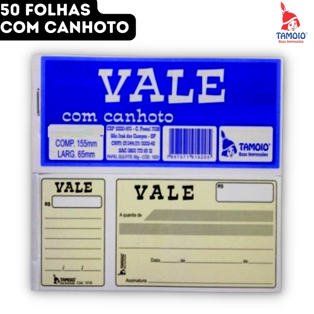 Talão Vale COM Canhoto 50 Folhas Tamoio - 15,5x6,5cm - Unidade | Shopee ...