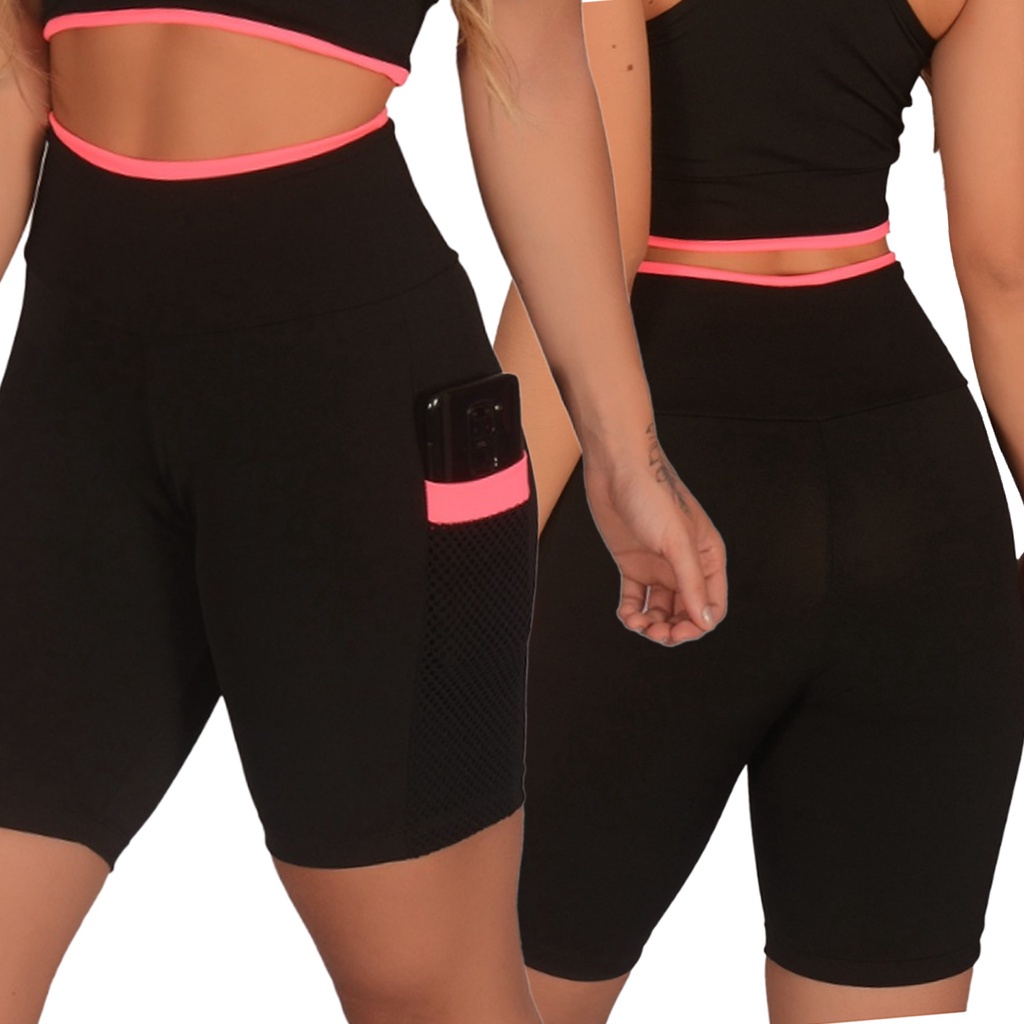 Promoção Short Feminino Fitness Academia com Bolso de Tela Porta Celular, B004