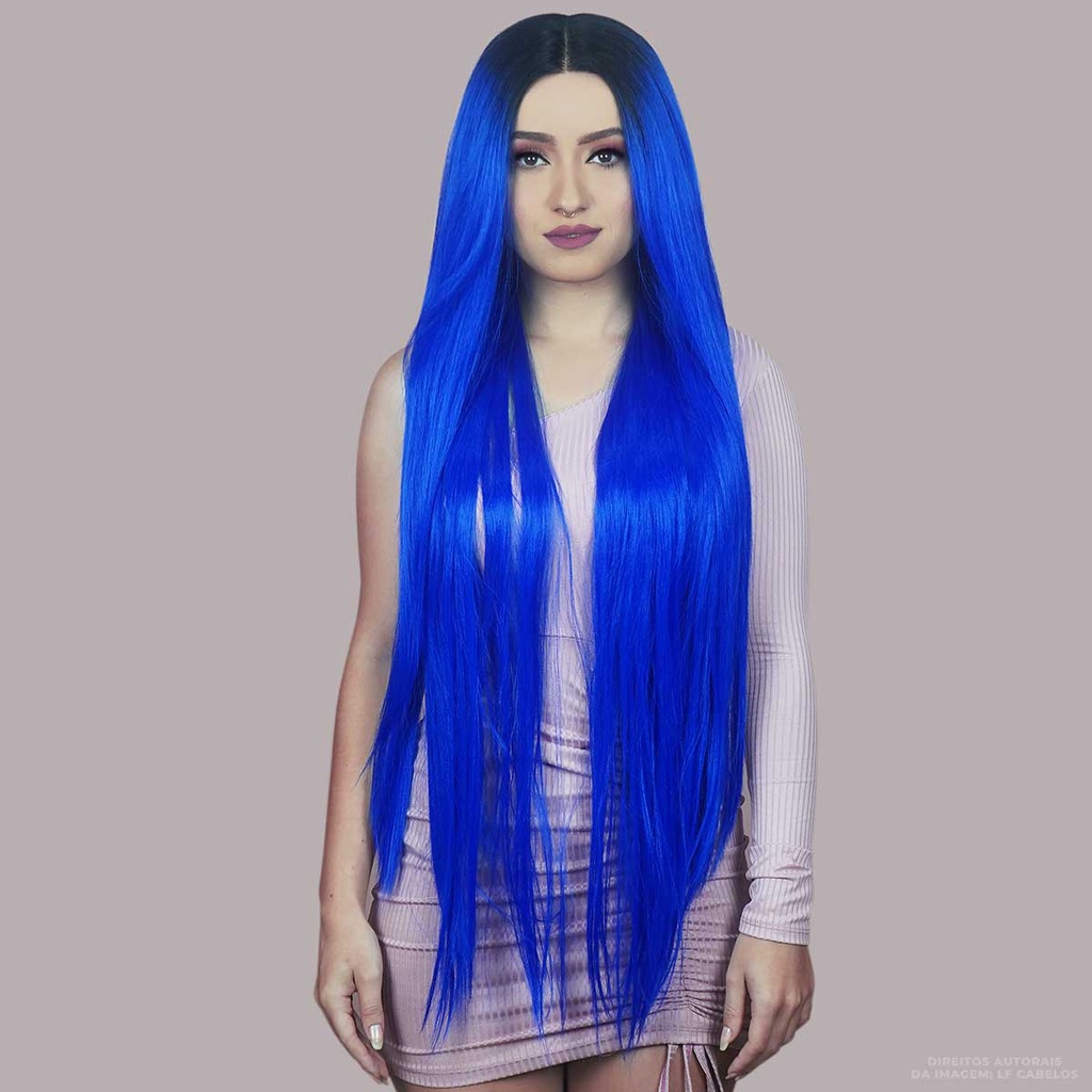 Lace Front Azul Lisa Comprida 85cm Peruca Colorida Organica