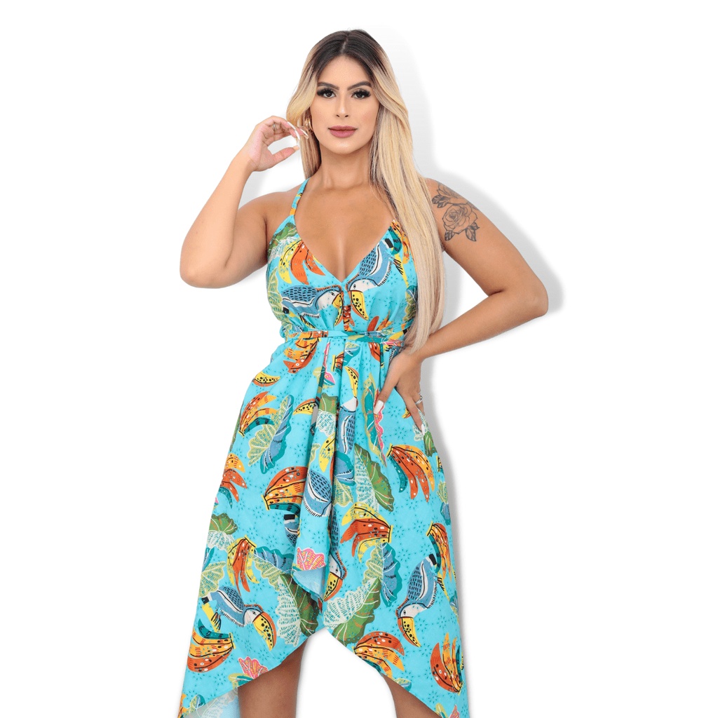 Vestido Midi Longo Estampado Alcinha Costas Nua Soltinho Moda Praia Azul Claro Shopee Brasil