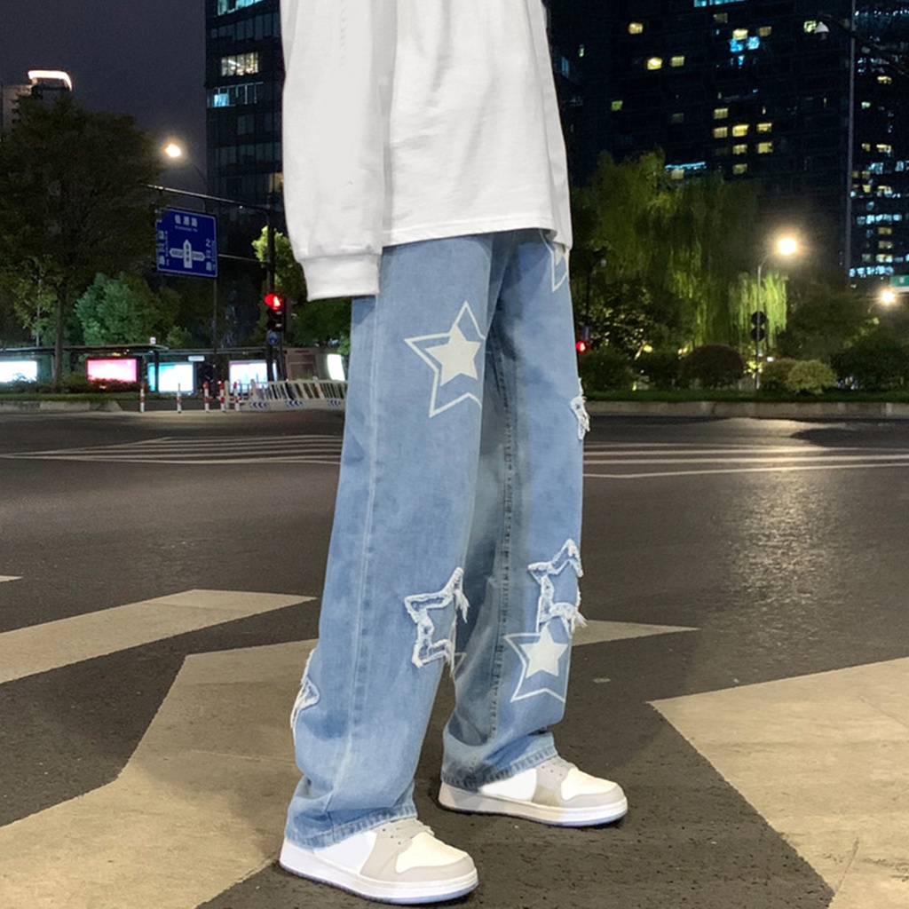 CERA Calças De Ganga Masculinas Com Cinco Pontas De Bordado Star Pattern Loose Wide Leg Streetwear Cor Sólida Cintura Média Baggy Jeans Retas Para Festa