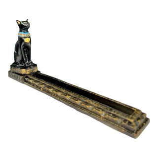 Incensario Egípcio Bastet Preto Guardião Artesanal Dourado 25 Cm em Resina