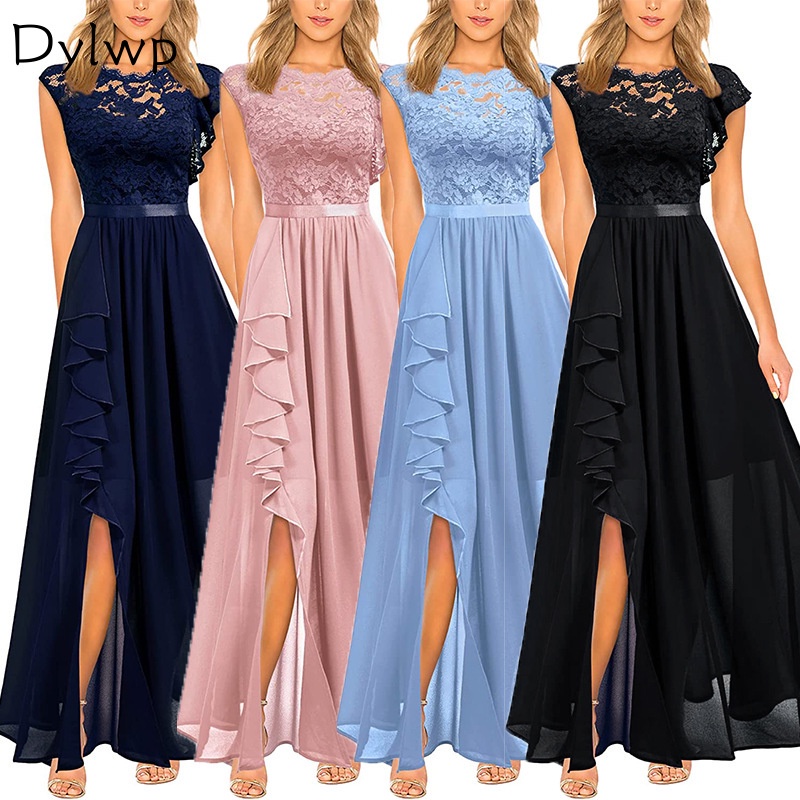 Vestido De Noite De Renda Sexy Sem Mangas Pescoço Redondo E Sólido De Cintura Alta Para Festas Longas