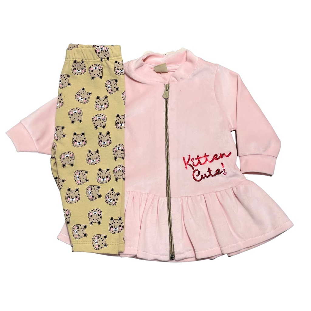 Conjunto bebe feminino casaco soft zíper calça felpuda P-M-G