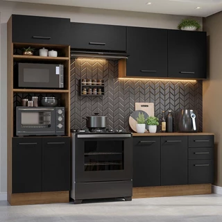 Armário de  Cozinha Completa 270cm Rustic/Preto Agata Madesa 07 em Oferta na Shopee
