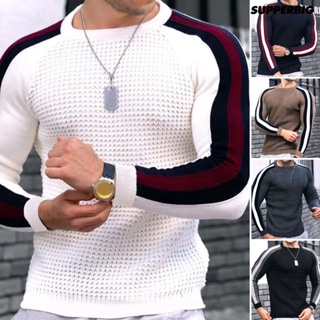 Suéter De Inverno Homem Bloco De Cor O-Neck Long Sleeves Malha Slim Fit Pullover Sweater