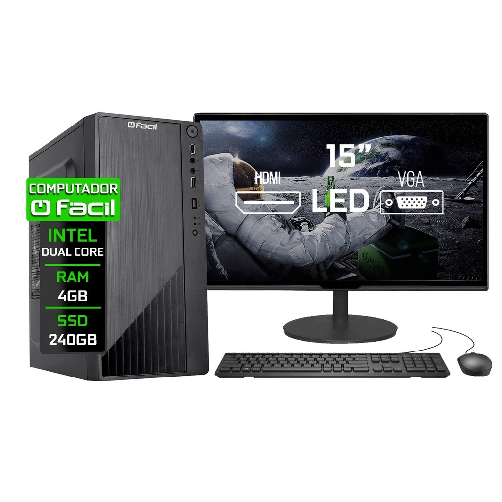 Computador Completo Fácil Intel 4GB SSD 240GB Monitor 15" HDMI LED Teclado e Mouse