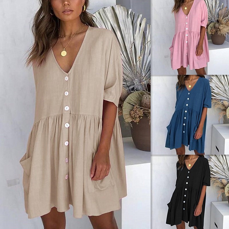 2023 Moda Primavera Ver o Novo Estilo V Neck Pocket Short Dress Vestido Feminino Bot o Casual