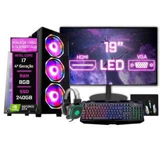 PC Gamer Fácil Completo Intel Core i7 (4ª Geração) 8GB SSD 240GB GTX 1050TI 4GB Monitor 19" - Teclado Mouse Headset