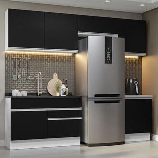 Armário de Cozinha Completa 260cm Branco/Preto Glamy Madesa 05 em Oferta na Shopee