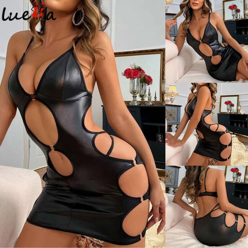 Roupa interior engraçada sexy preto patente de couro pendurado pescoço cut-out saia jogo terno